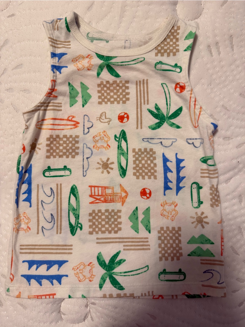 Cat & Jack White Tank Top with Green, Blue, Tan and Orange Beach Print